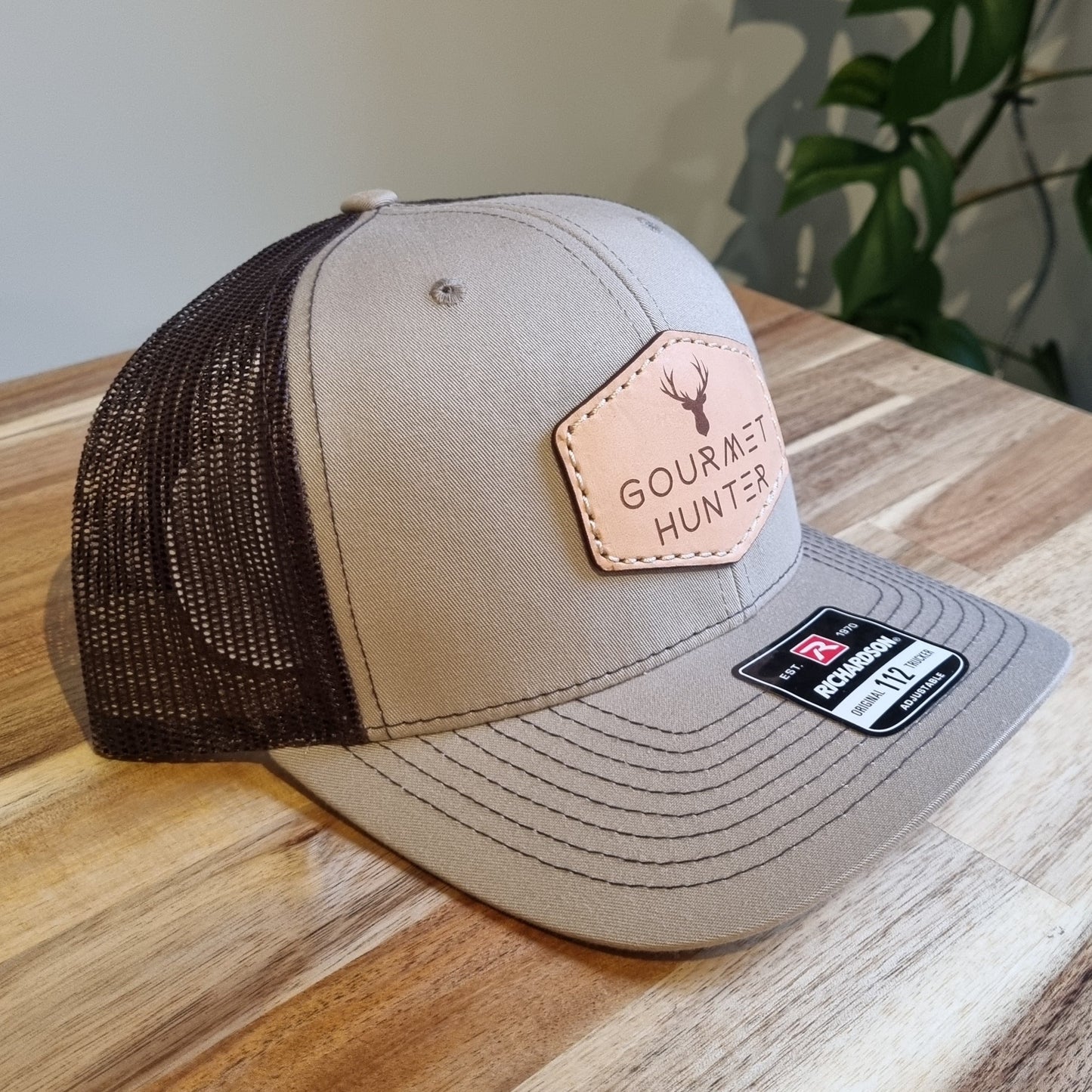 Khaki / Coffee Gourmet Hunter Trucker Cap with Genuine Leather Natural Patch