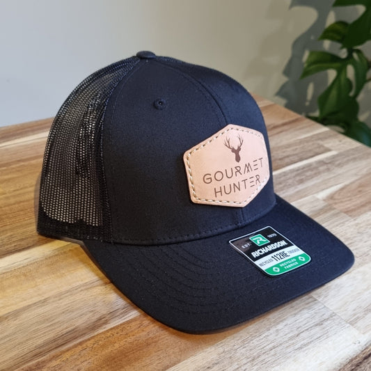 Solid Black Gourmet Hunter Recycled Trucker Cap with Genuine Leather Natural Patch