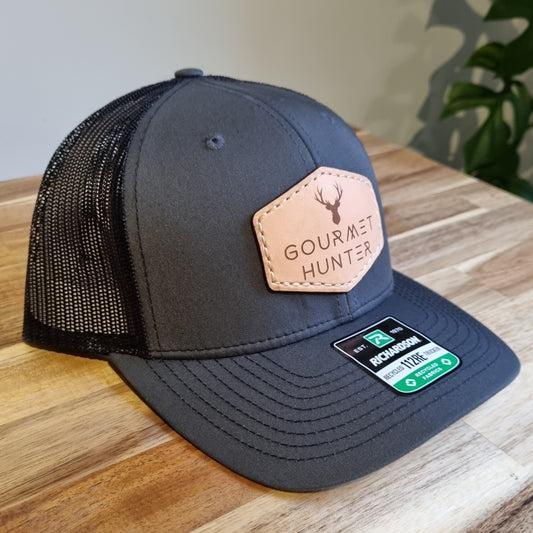 Charcoal / Black Gourmet Hunter Recycled Trucker Cap with Genuine Leather Natural Patch