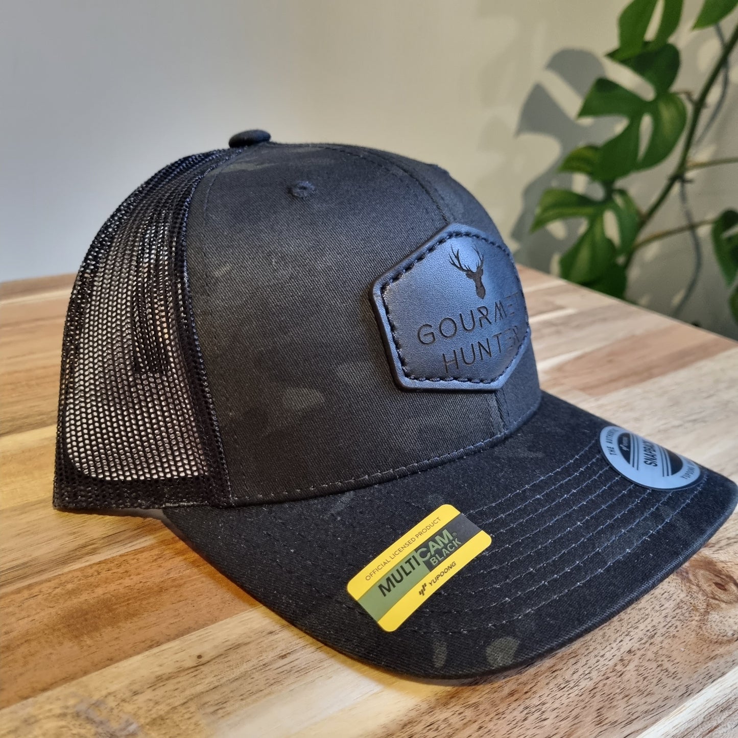 Solid Black Gourmet Hunter Recycled Trucker Cap with Genuine Leather Black Patch