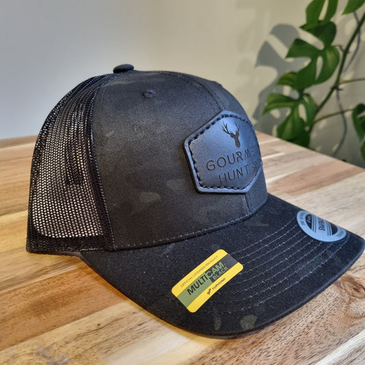 Solid Black Gourmet Hunter Recycled Trucker Cap with Genuine Leather Black Patch