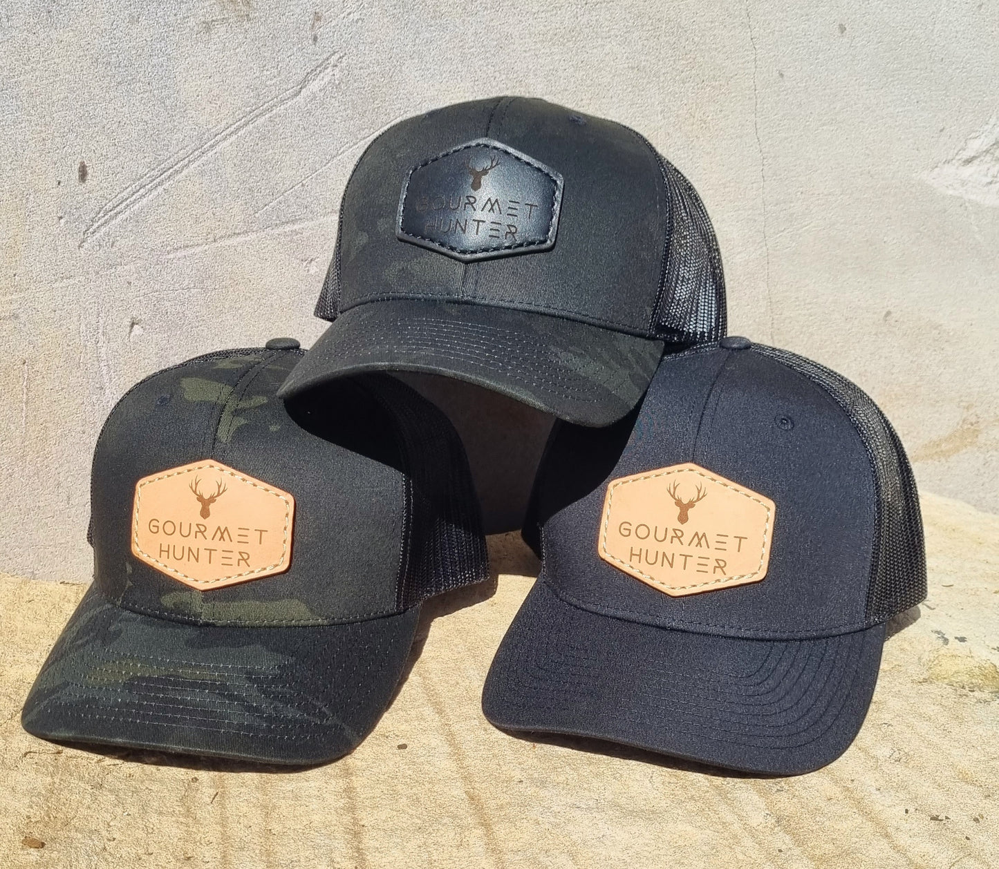 Solid Black Gourmet Hunter Recycled Trucker Cap with Genuine Leather Natural Patch