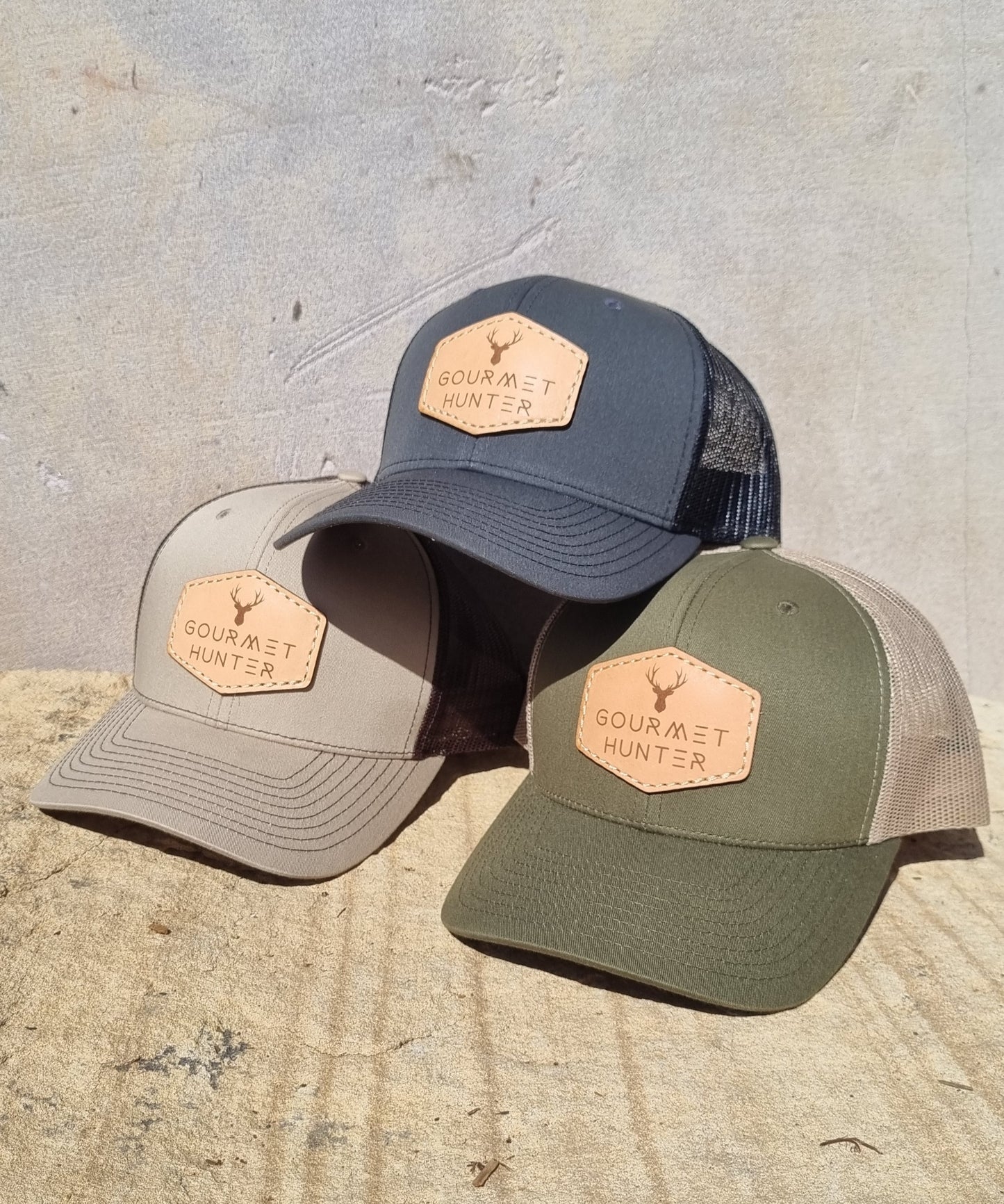 Khaki / Coffee Gourmet Hunter Trucker Cap with Genuine Leather Natural Patch