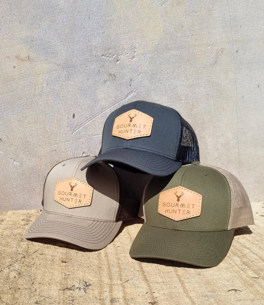 Green / Coffee Gourmet Hunter Trucker Cap with Genuine Leather Natural Patch