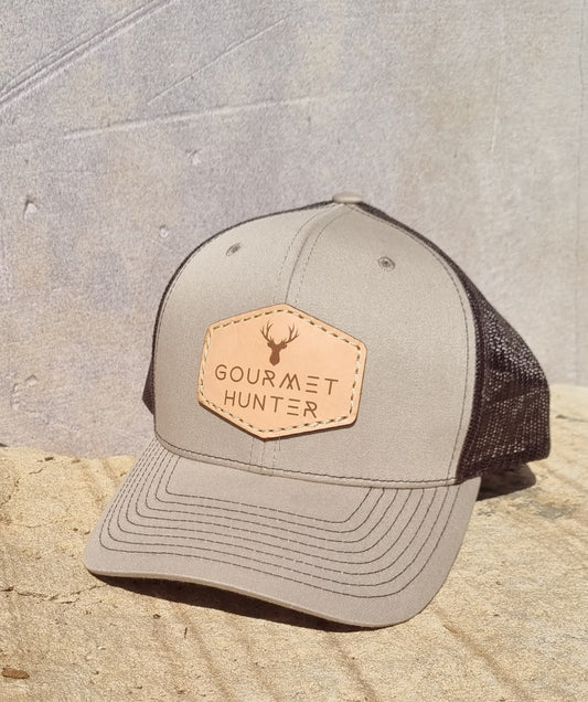 Khaki / Coffee Gourmet Hunter Trucker Cap with Genuine Leather Natural Patch